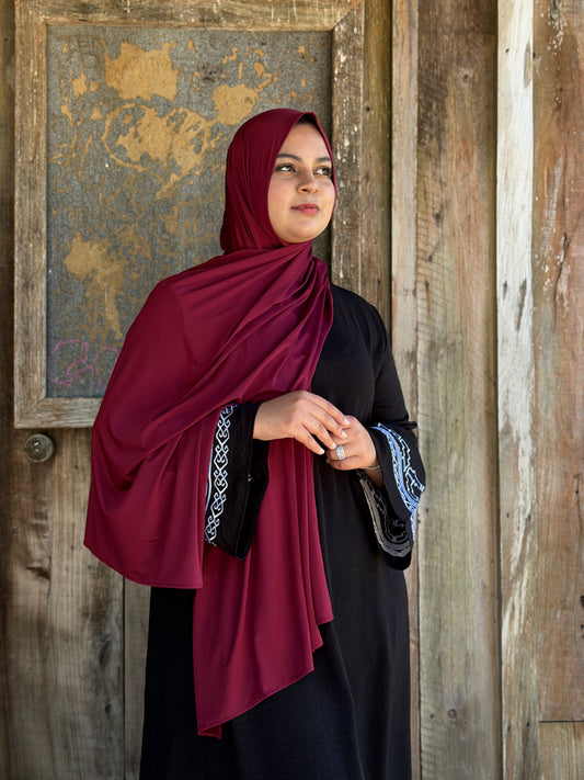 Maroon liquid jersey hijab with glossy finish, smooth and breathable for summer wear NZ