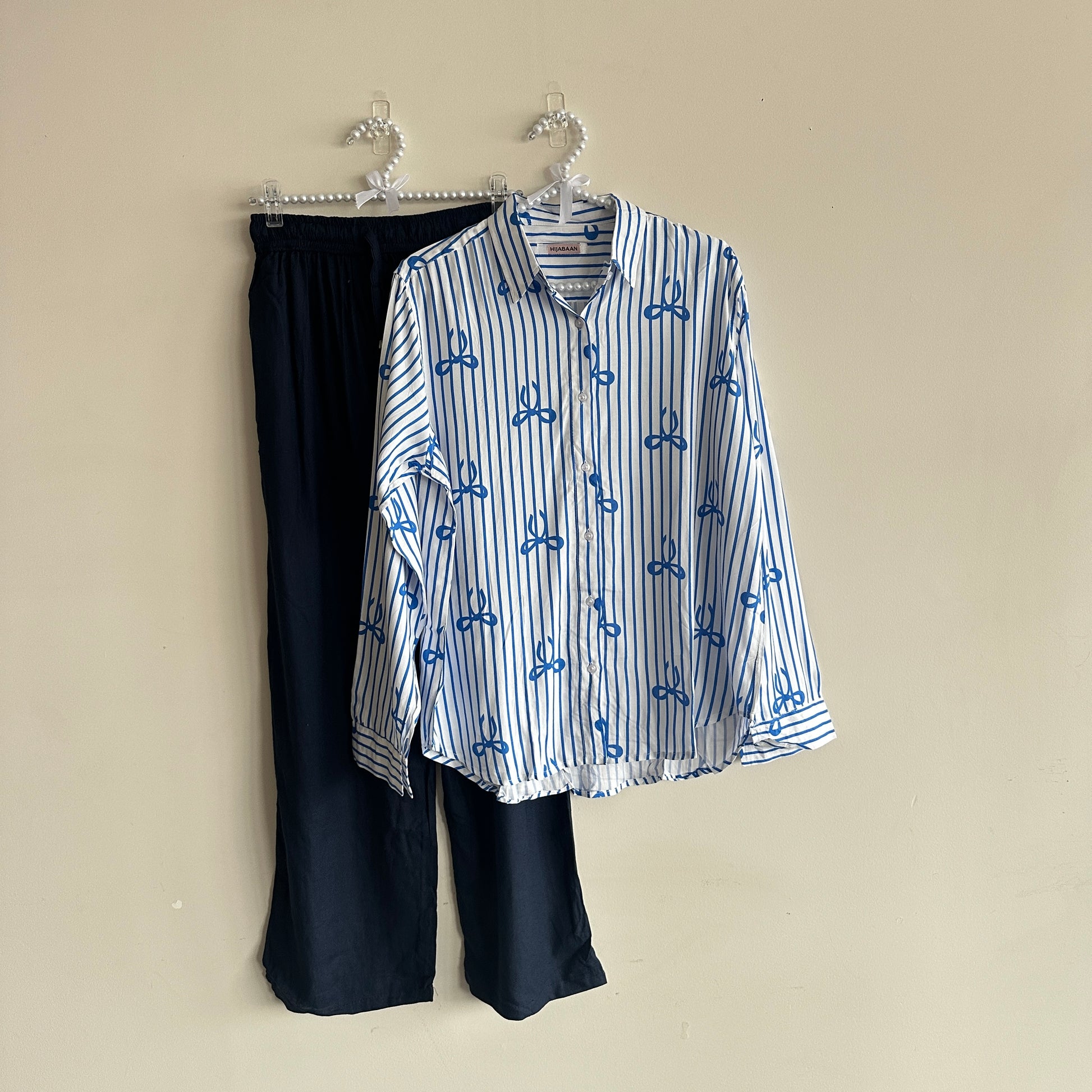 Maira Co-ord Set in navy – cotton bow shirt and linen pants – Hijabaan NZ