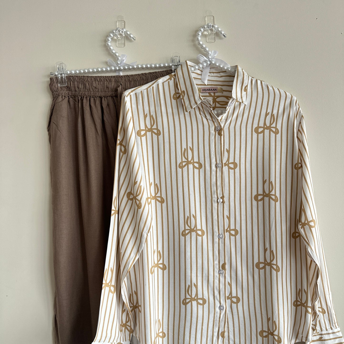 Maira Co-ord Set in pink – feminine bow shirt & modest fit – Hijabaan NZ