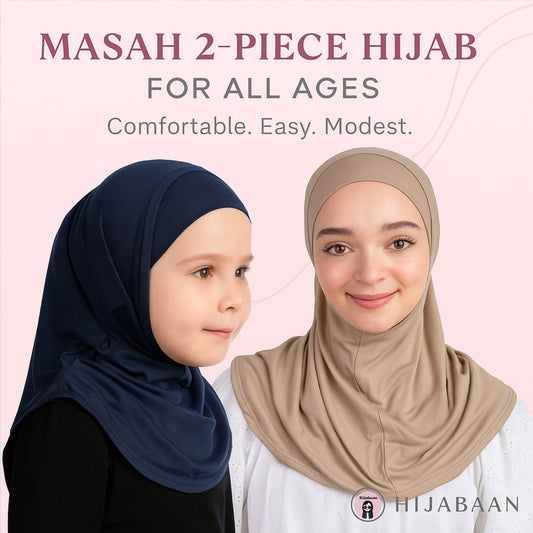 Front view of Masah 2-piece instant hijab set with matching jersey cap – modest readywear by Hijabaan NZ
