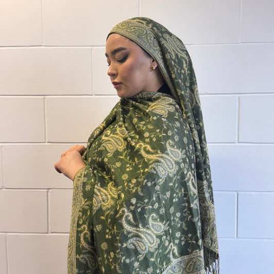 Mehendi green pashmina shawl folded for modestwear – Hijabaan NZ