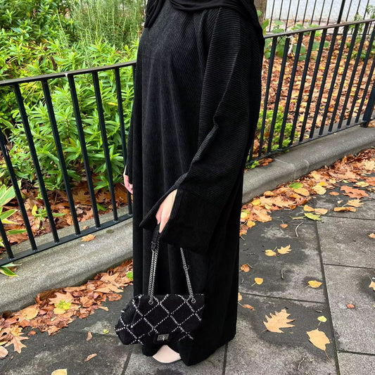 midnight corduroy abaya for elegant modest winter layering hijabaan nz