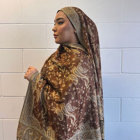 Mustard pashmina shawl folded for modest styling – Hijabaan NZ