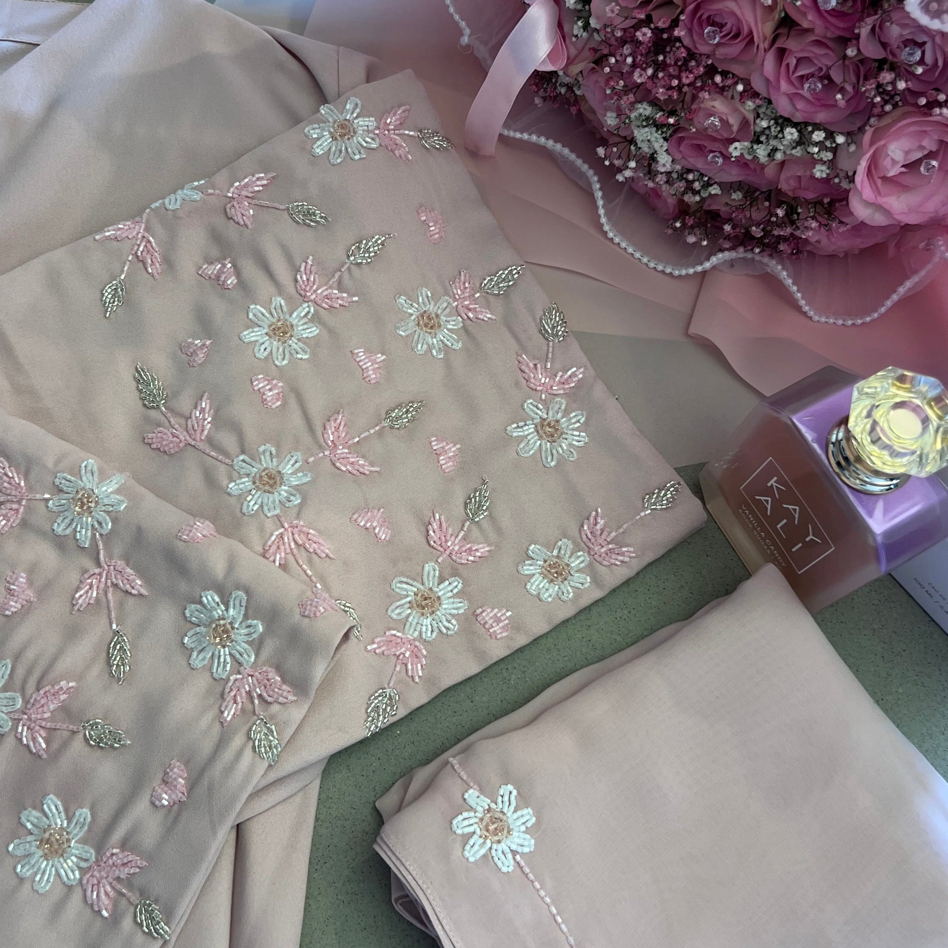 Noor Abaya with matching hijab featuring border handwork