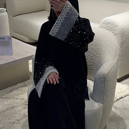 black pearl lux abaya with hand-embellished sleeves hijabaan new zealand