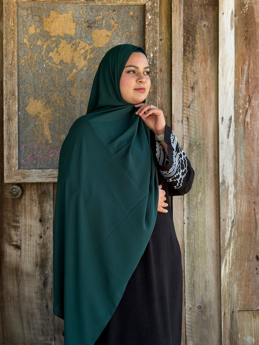 Premium chiffon hijab in bottle green with butter-soft feel and elegant glossy drape NZ