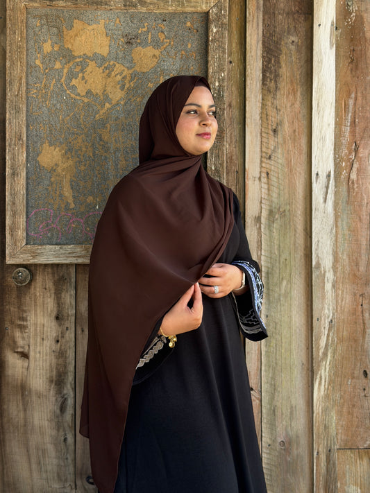 Premium chiffon hijab in dark brown with butter-soft feel and elegant glossy drape NZ