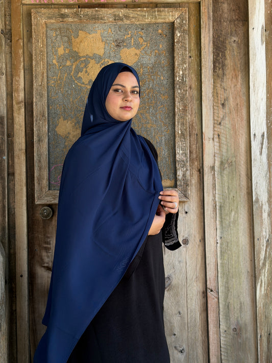 Premium chiffon hijab in navy with butter-soft feel and elegant glossy drape NZ