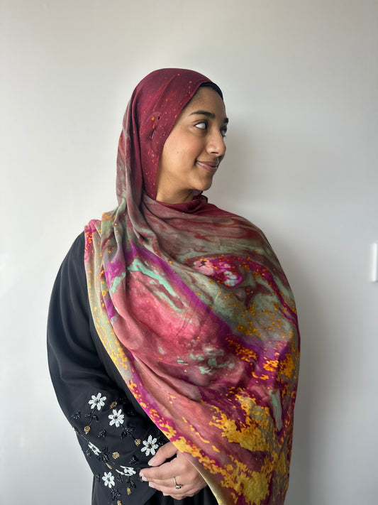 Autumn Flame printed modal hijab – styling view showing elegant drape, Hijabaan Auckland