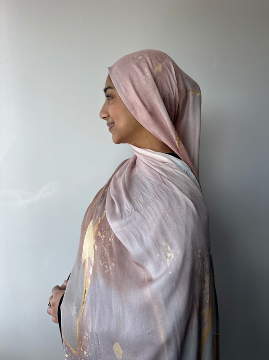 Blush printed modal hijab – styling view showing elegant drape, Hijabaan Auckland