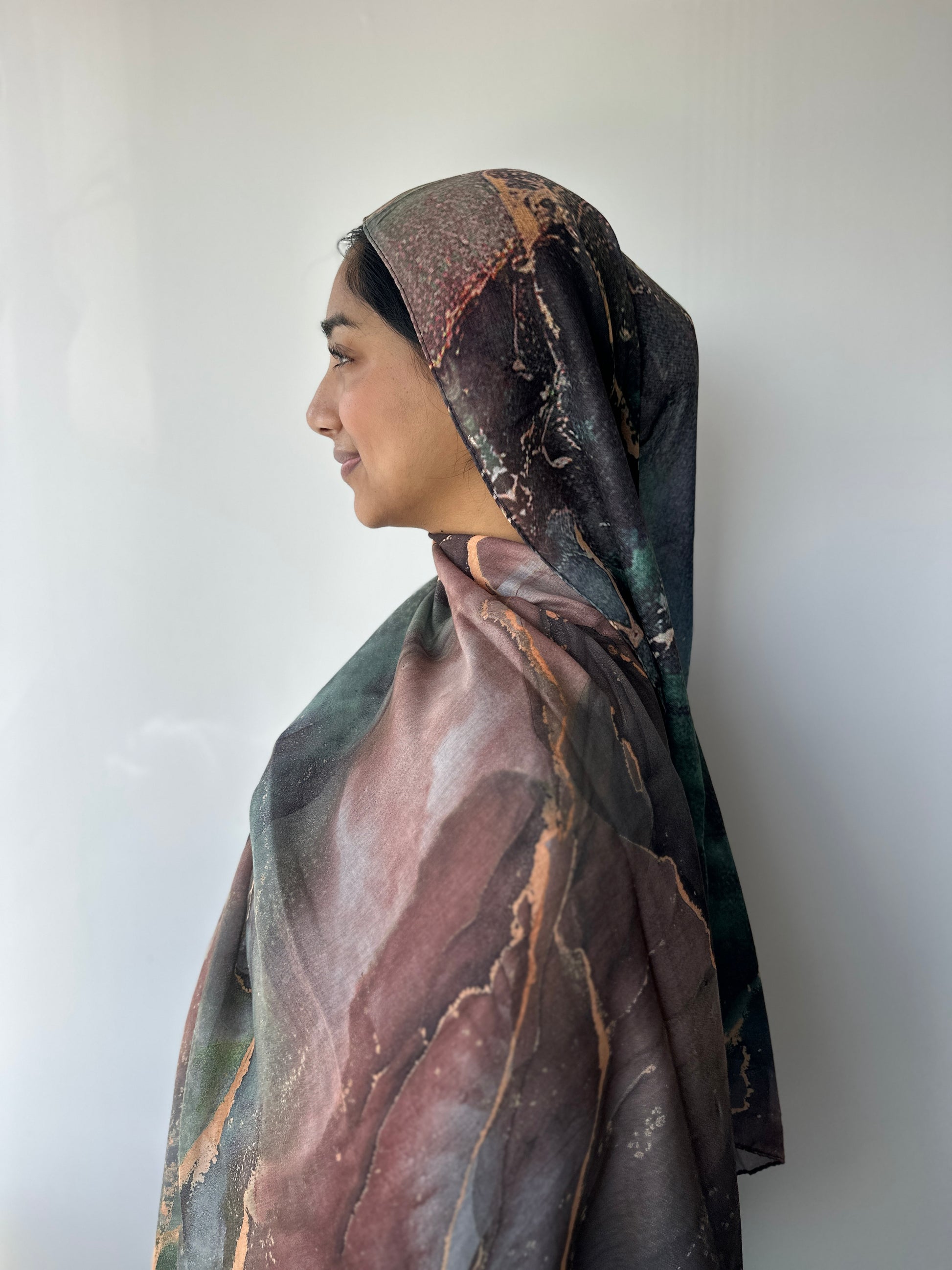 Ember printed modal hijab – closeup view of rich warm tones, Hijabaan NZ