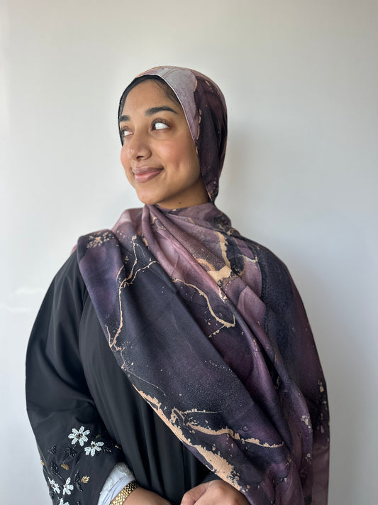 Galaxy printed modal hijab – styling view showing elegant drape, Hijabaan Auckland