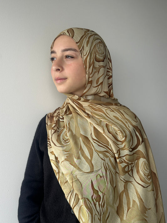 Printed Modal Hijab – Golden Dusk with golden rose floral print, made from 100% modal by Hijabaan NZ