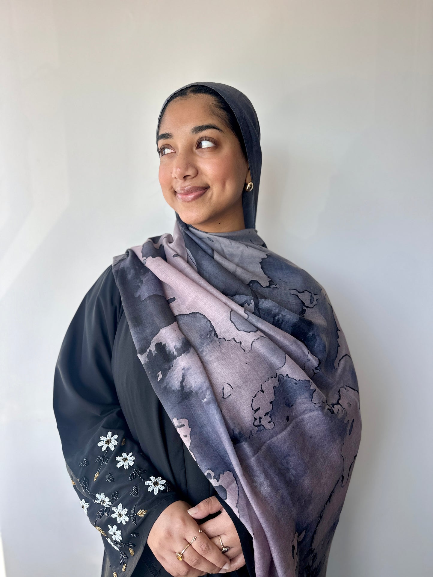 Marble printed modal hijab – styling view showing elegant drape, Hijabaan Auckland