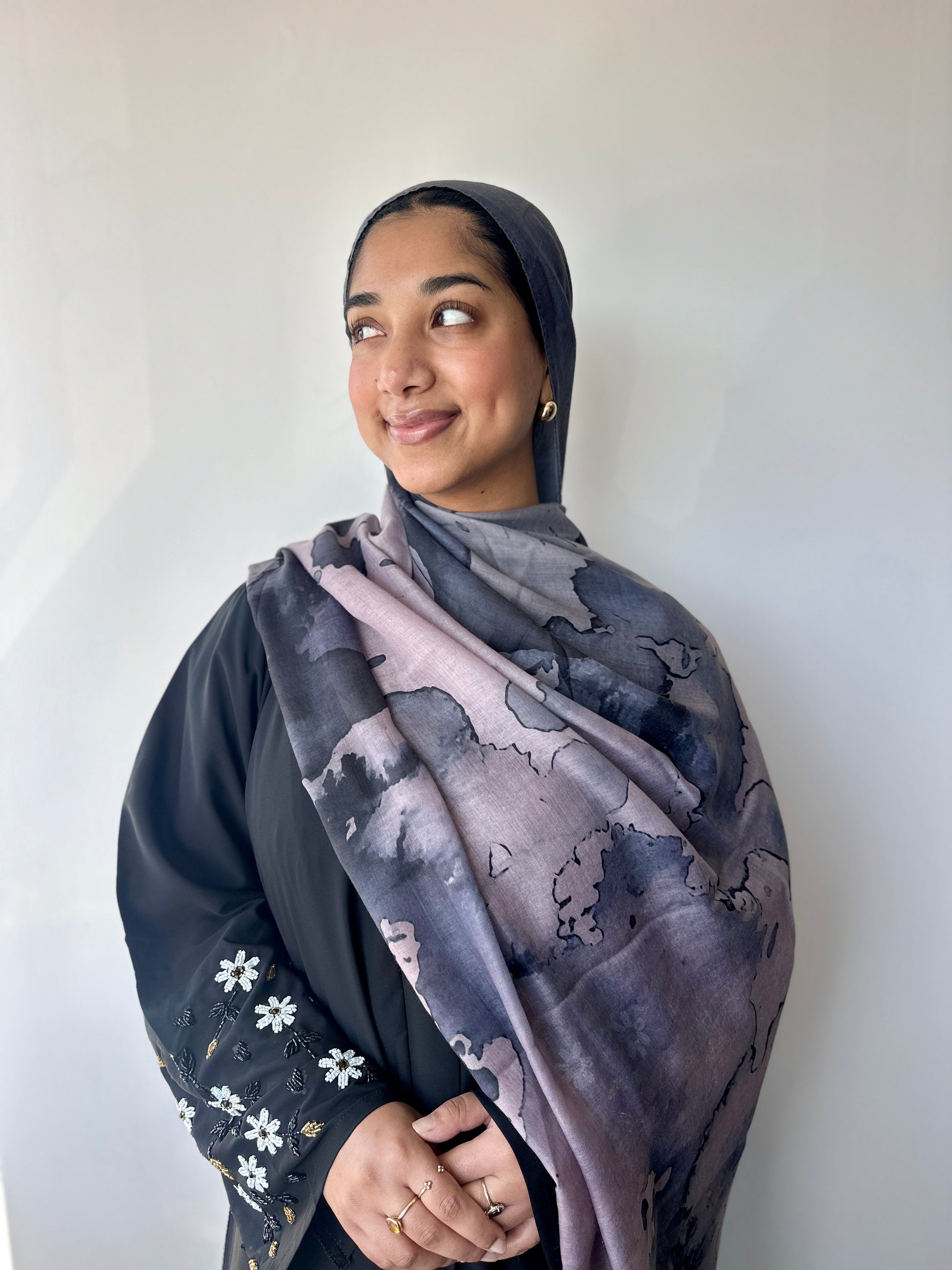 Marble printed modal hijab – styling view showing elegant drape, Hijabaan Auckland