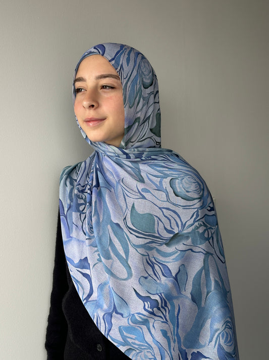 Printed Modal Hijab – Mirage with blue rose print, made from 100% modal by Hijabaan NZ