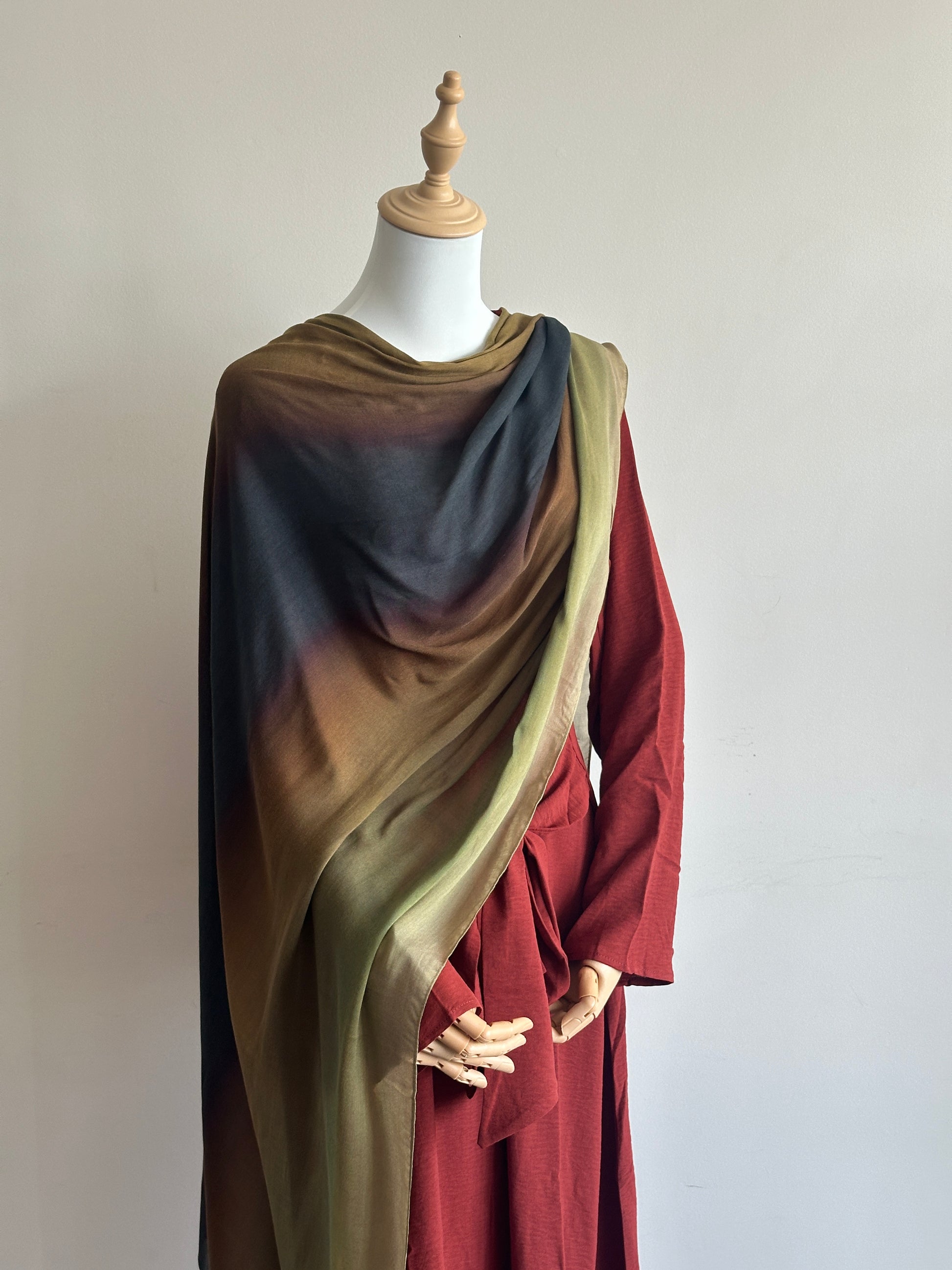 Printed Modal Hijab in Olive – earthy abstract modal scarf by Hijabaan NZ
