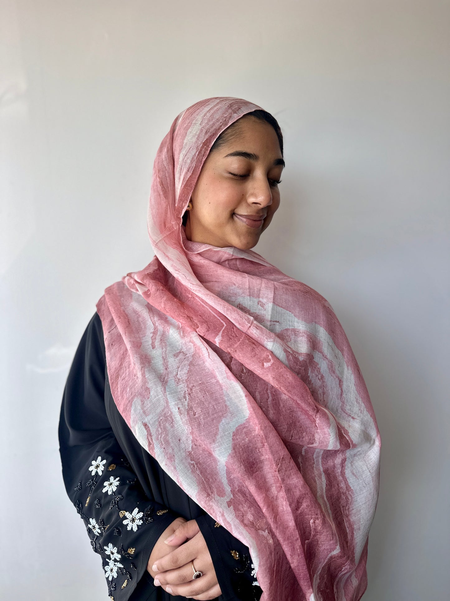 Rose printed modal hijab – styling view showing elegant drape, Hijabaan Auckland