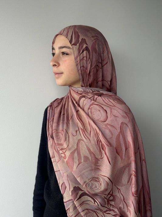 Printed Modal Hijab – Rosewood with pink rose floral print, made from 100% modal by Hijabaan NZ