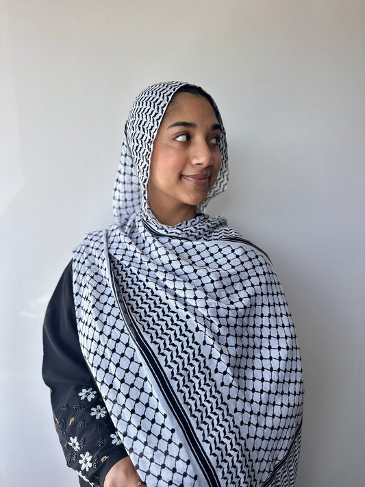 White Keffiyeh printed modal hijab – styling view showing elegant drape, Hijabaan Auckland