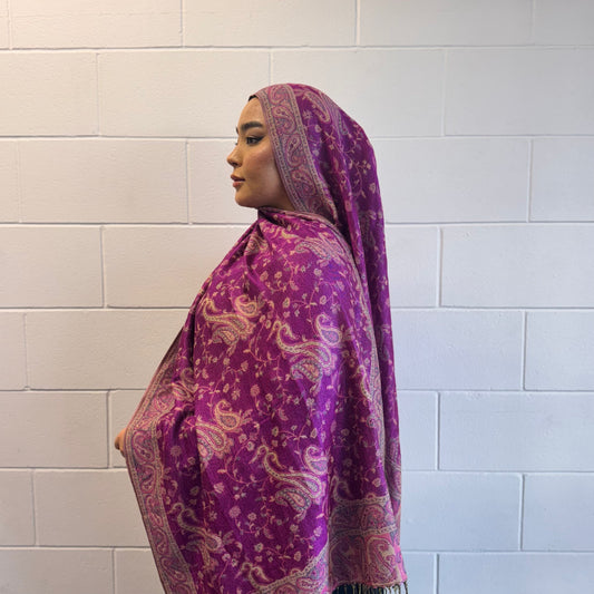 Rani pink pashmina shawl folded for modest styling – Hijabaan NZ