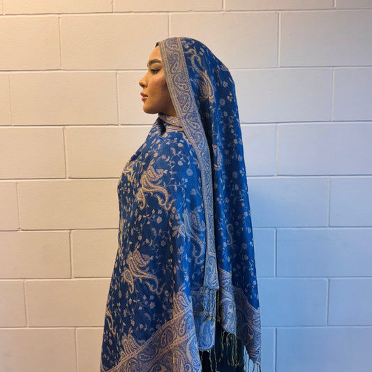 Royal blue pashmina shawl folded for elegant modest styling – Hijabaan NZ