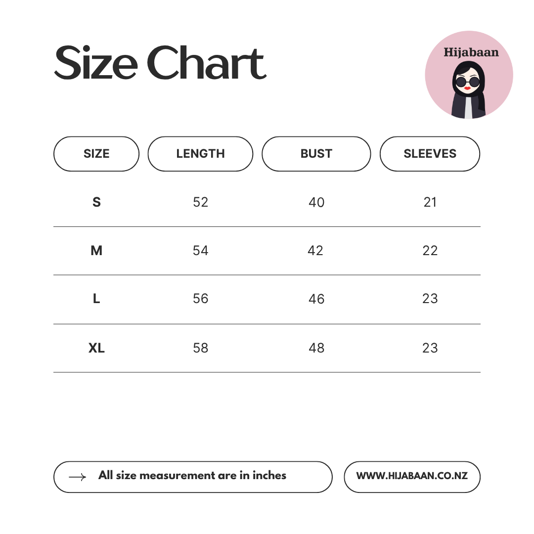 Size chart for Shirt Style Abaya – Hijabaan NZ