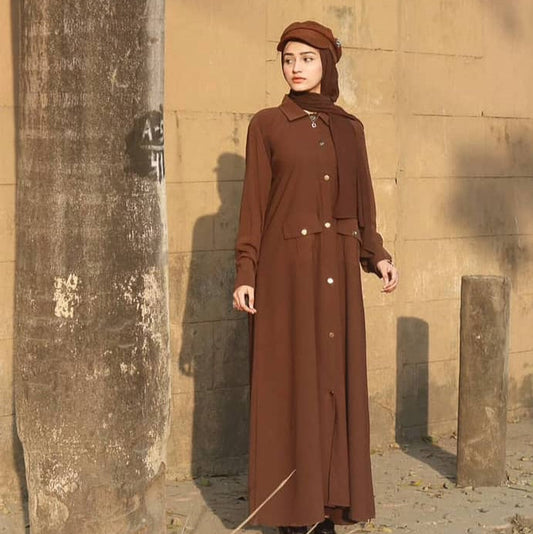 Shirt style abaya with front buttons and urban modest silhouette