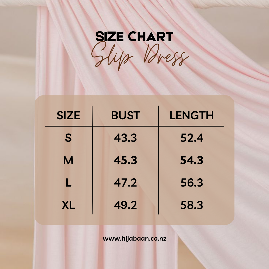 Size chart for sleeveless CEY Crush slip dress – modest fashion layering essential by Hijabaan New Zealand.