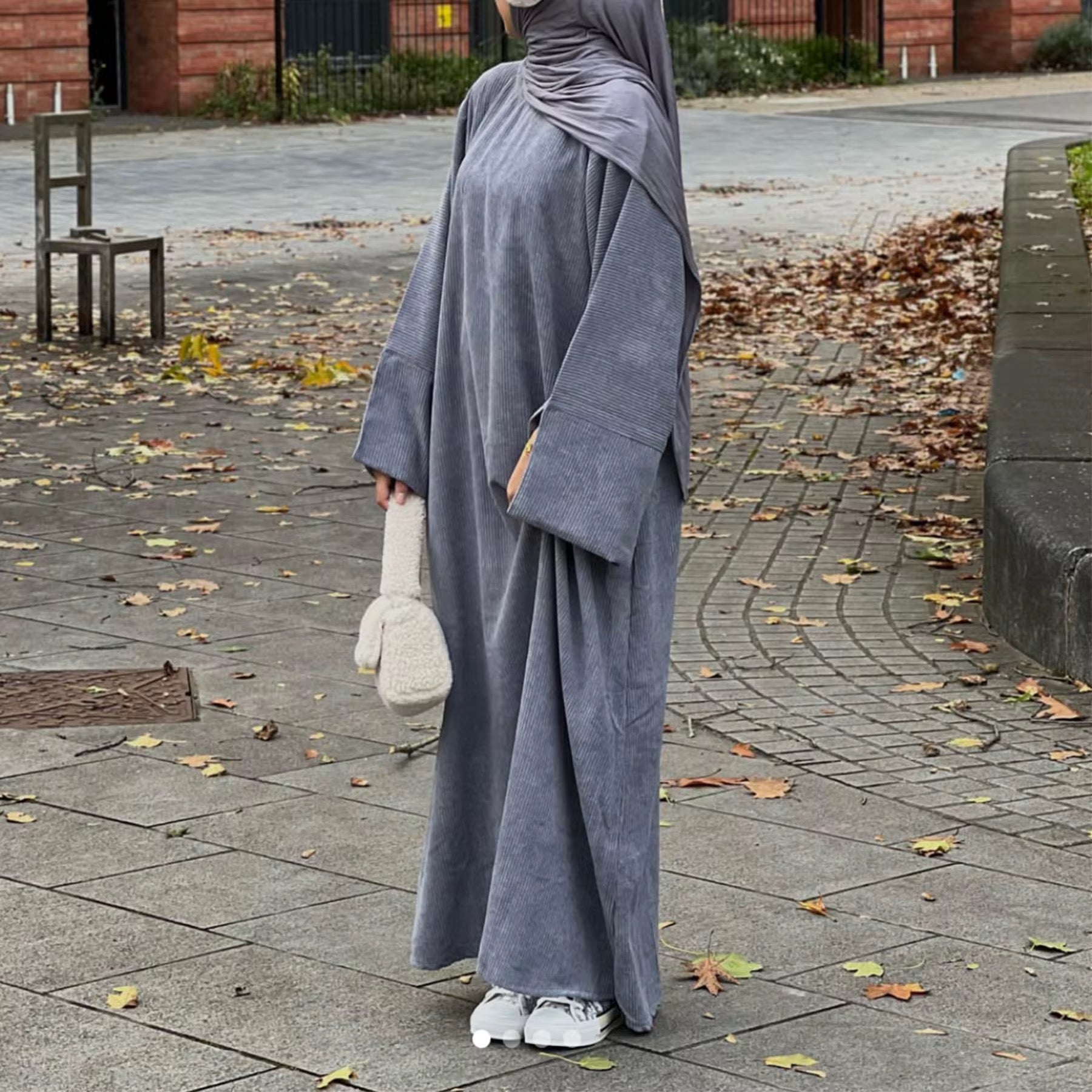 slate grey corduroy abaya with modest full-length design hijabaan nz