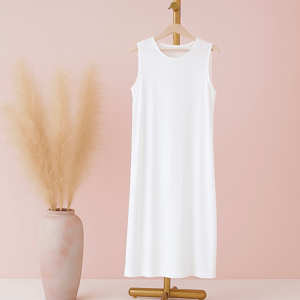 Sleeveless slip dress in CEY Crush fabric – modest layering essential for abayas and dresses in New Zealand by Hijabaan.