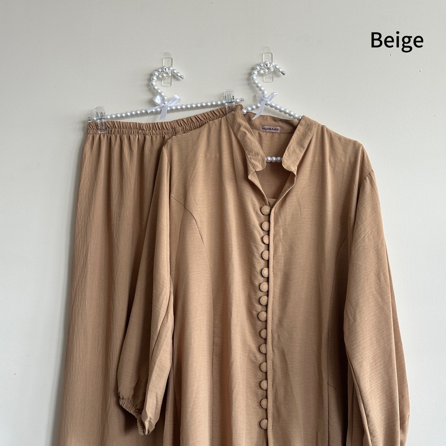 Yusra Co-ord Set Beige showing elegant modest fit – Hijabaan
