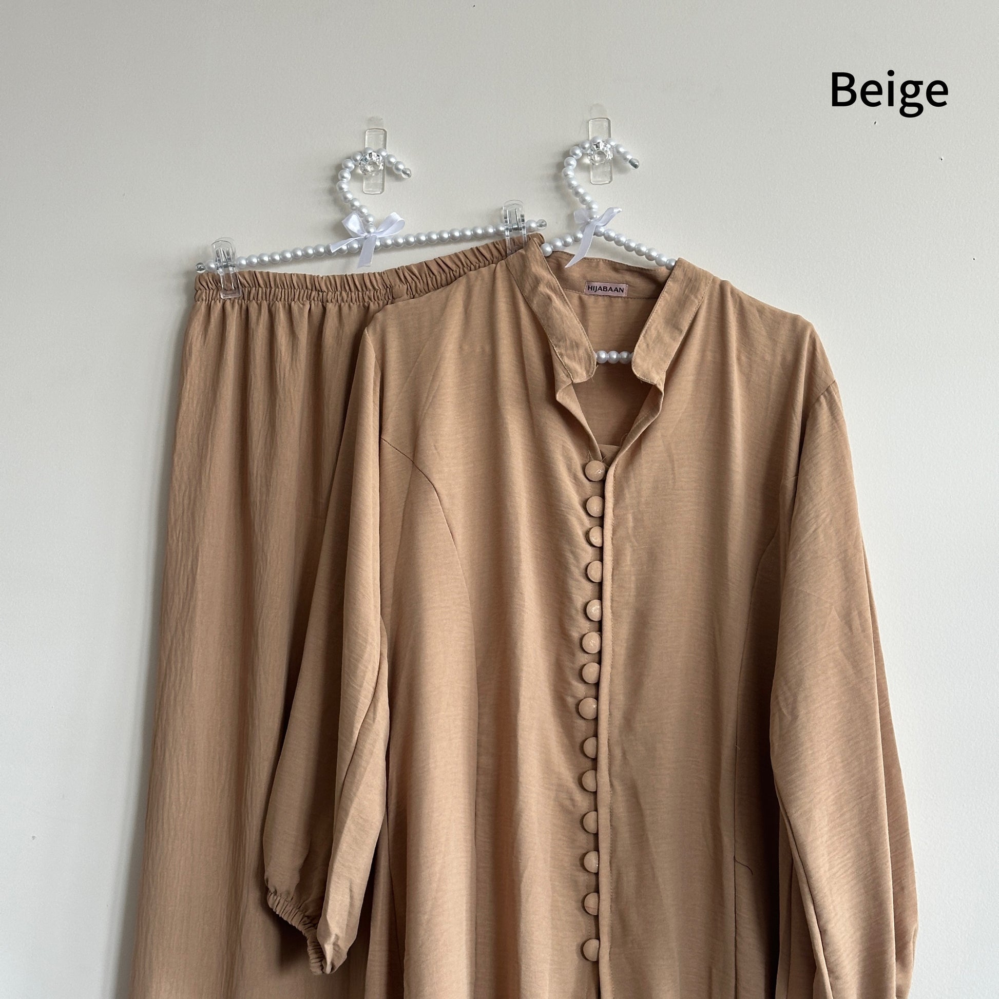 Yusra Co-ord Set Beige showing elegant modest fit – Hijabaan