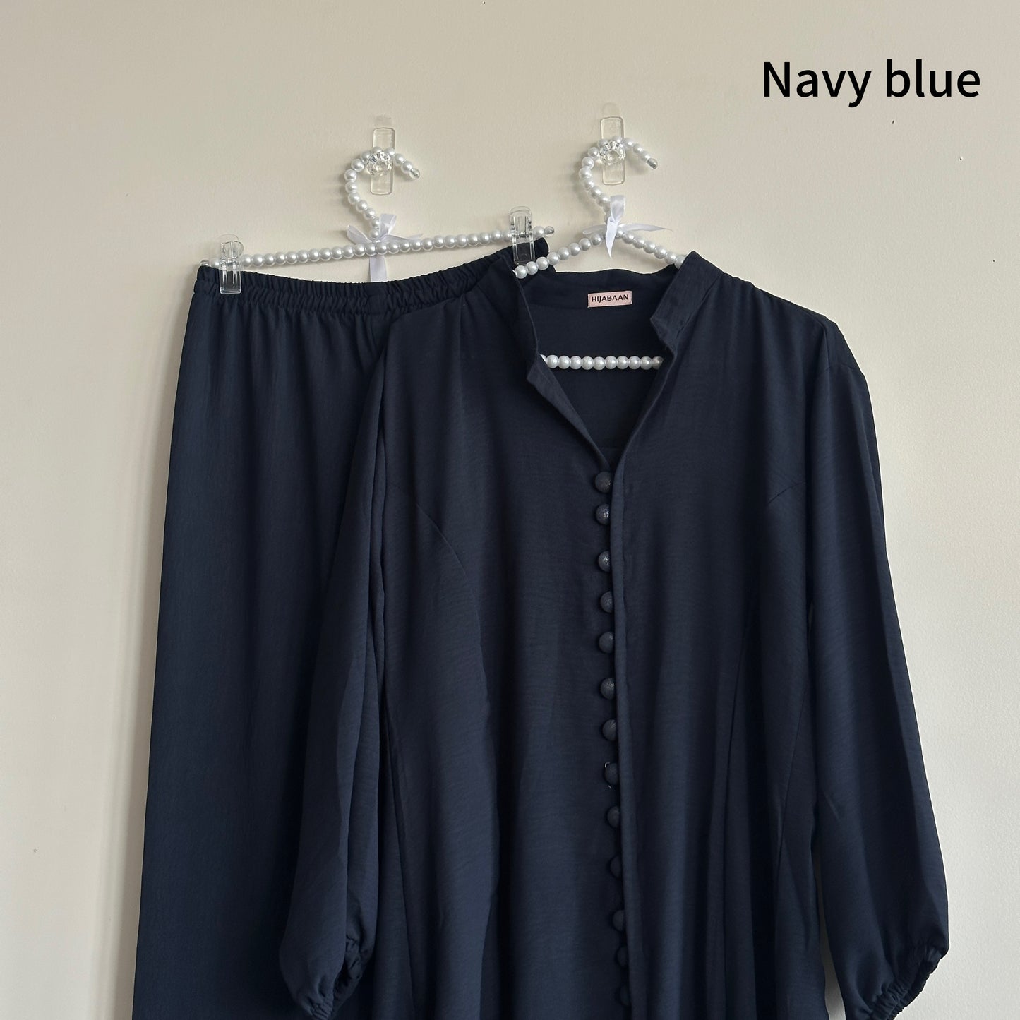 Yusra Co-ord Set in navy blue showing flowy crush fabric – Hijabaan NZ