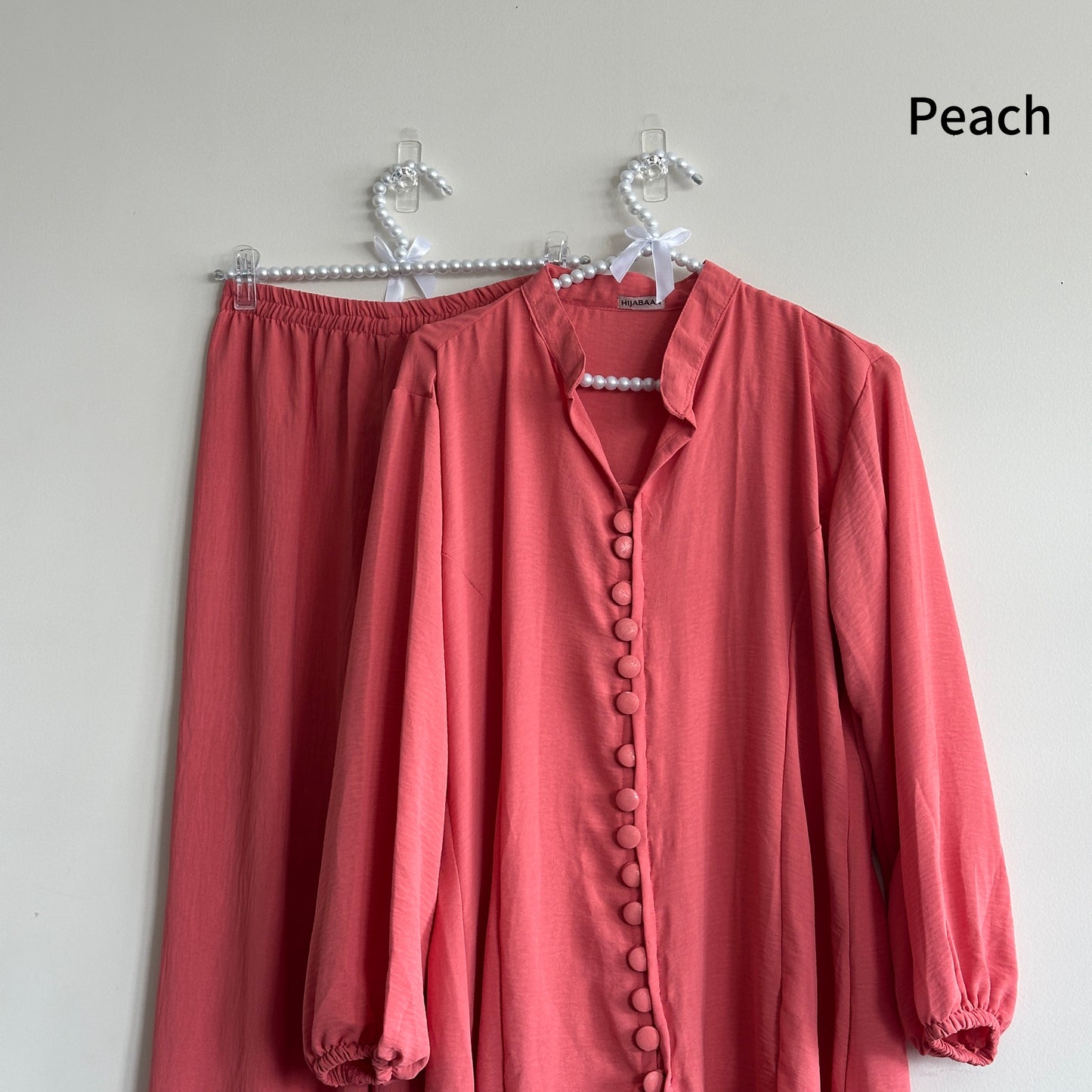 Peach crush fabric texture on Yusra Co-ord Set – Hijabaan NZ