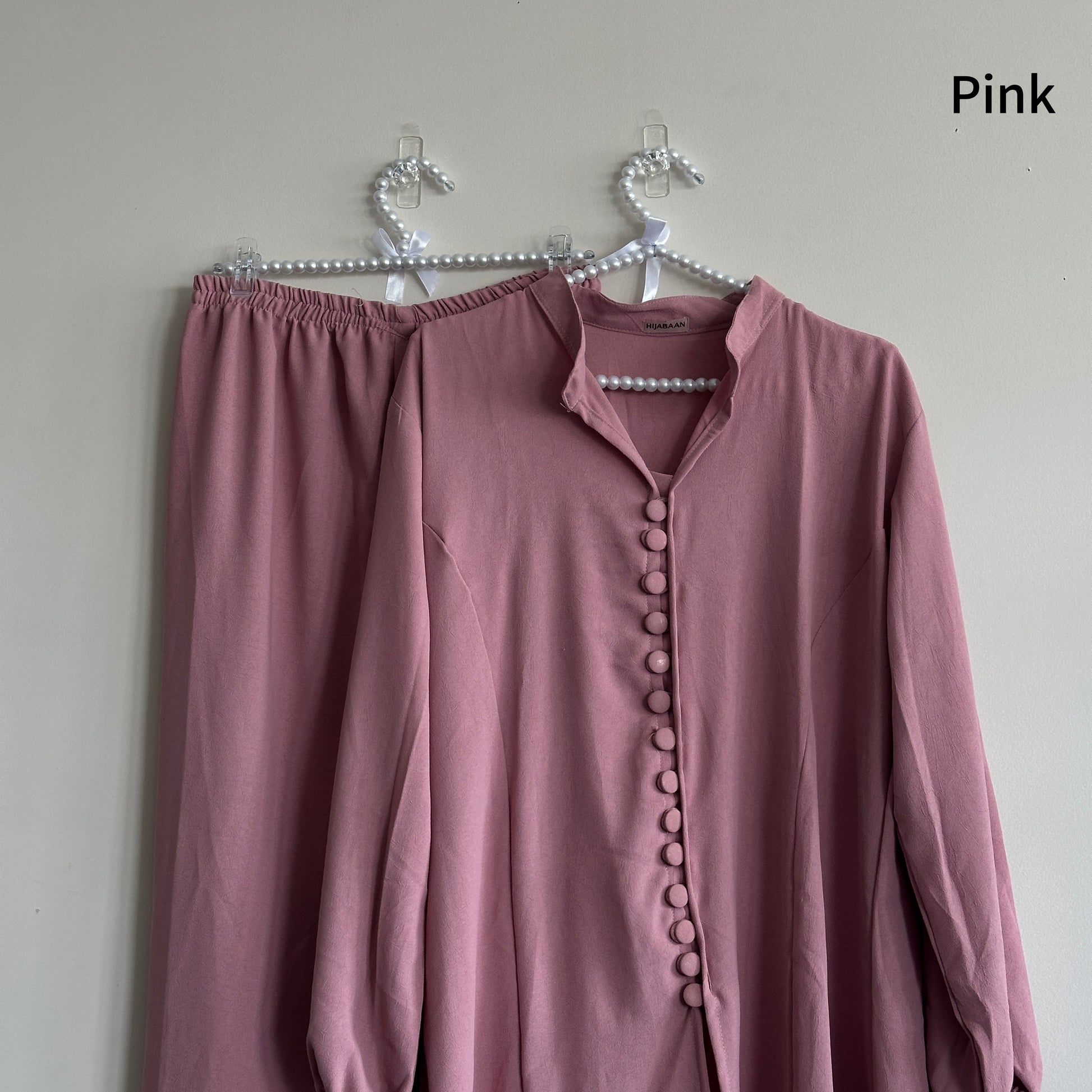 Yusra Co-ord Set pink showing graceful drape – Hijabaan NZ