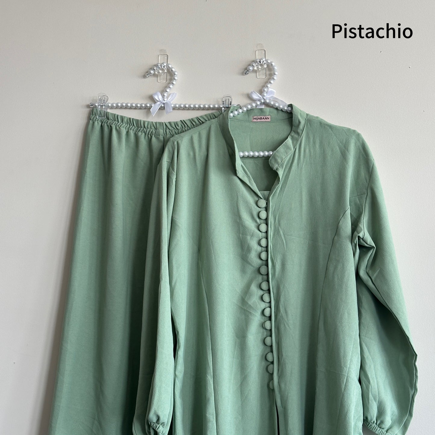 Yusra Co-ord Set – pistachio modest crush fabric outfit from Hijabaan NZ