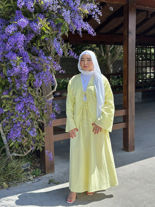 Zunairah Top & Skirt Set in butter yellow – modest cotton outfit by Hijabaan NZ